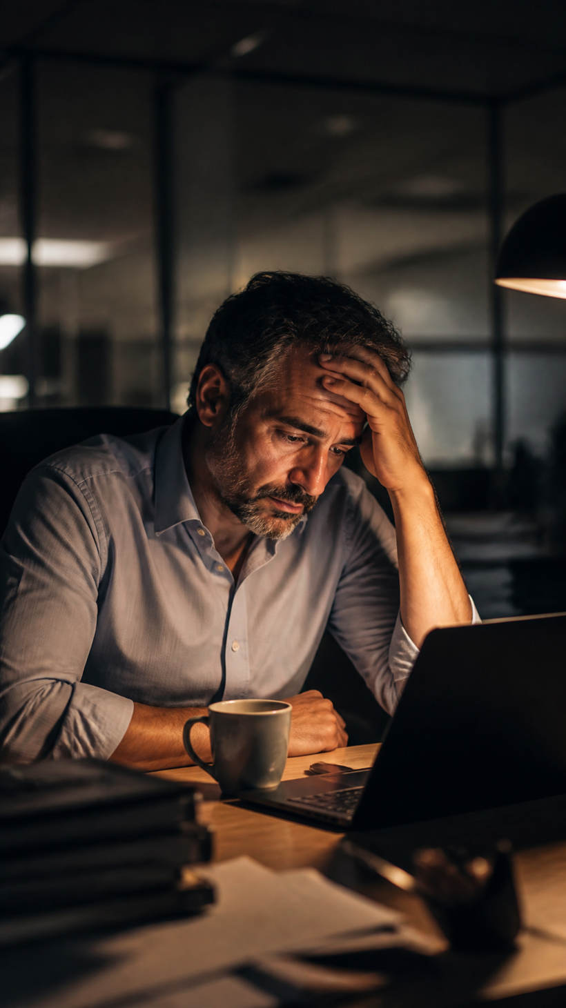 Uomo stanco chino sul computer in ufficio, la sera